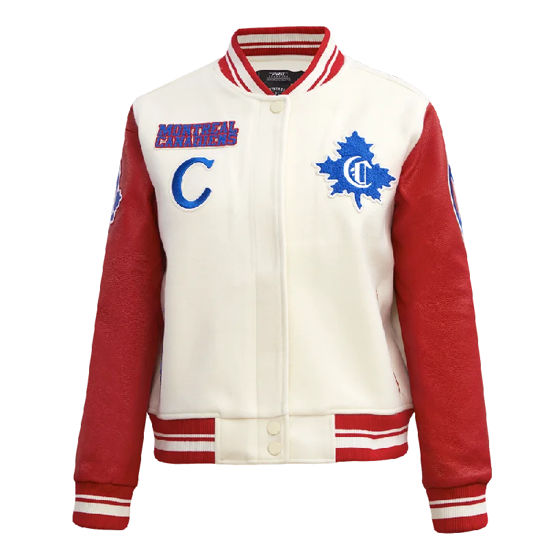 classic camel coat for ladies -NHL MONTREAL CANADIENS RETRO CLASSIC WOMEN'S RIB WOOL VARSITY JACKET (EGGSHELL/ RED)