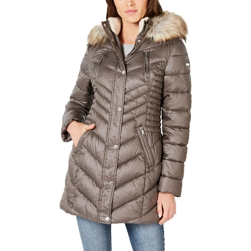 women's teddy bear coat -Laundry by Shelli Segal Womens Faux Fur Trim Hooded Puffer Jacket