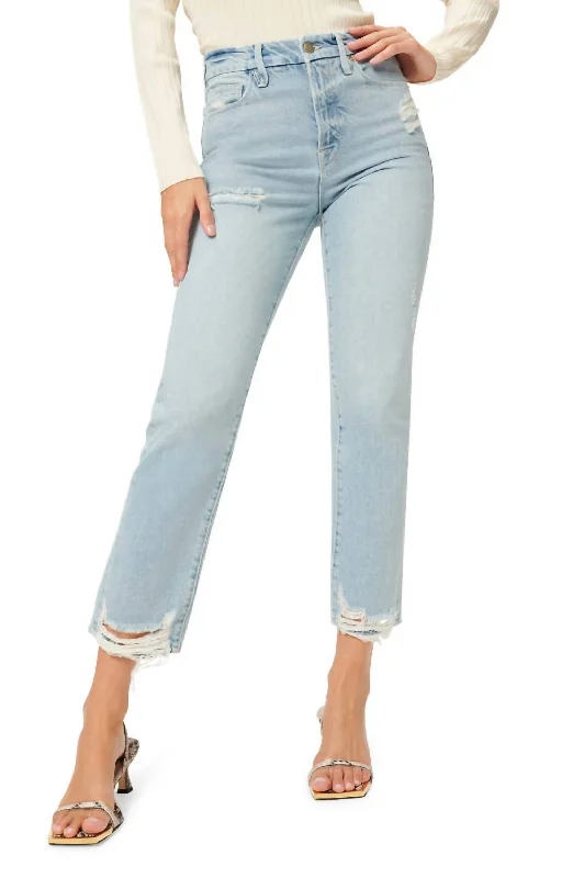 ladies' tapered leg denim pants -Boy Distressed Straight Leg Jeans In Blue