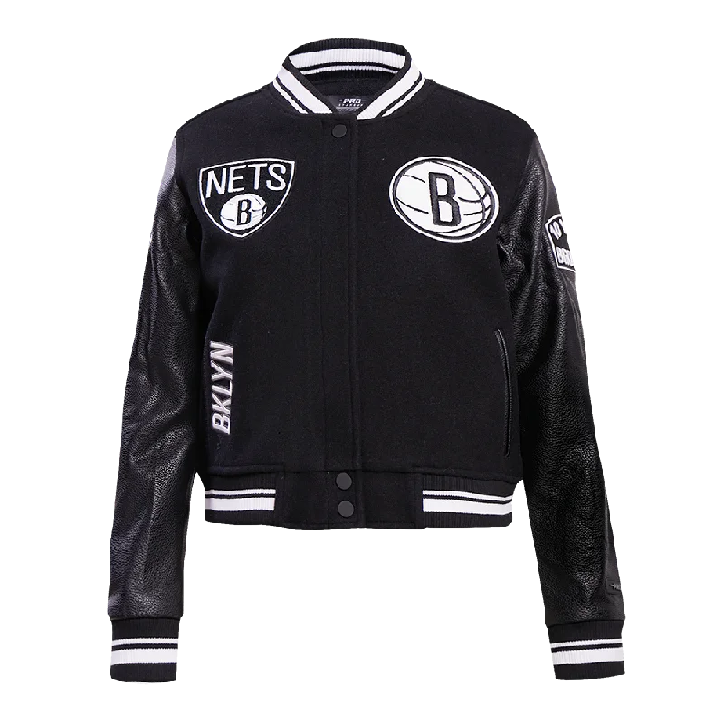 stylish leather jacket for women -NBA BROOKLYN NETS RETRO CLASSIC WOMEN'S RIB WOOL VARSITY JACKET (BLACK)