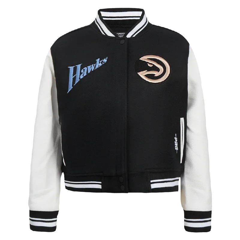 chic oversized blazer for women -NBA ATLANTA HAWKS CITY EDITION 24-25 WOMEN'S RIB WOOL VARSITY JACKET (BLACK/WHITE)