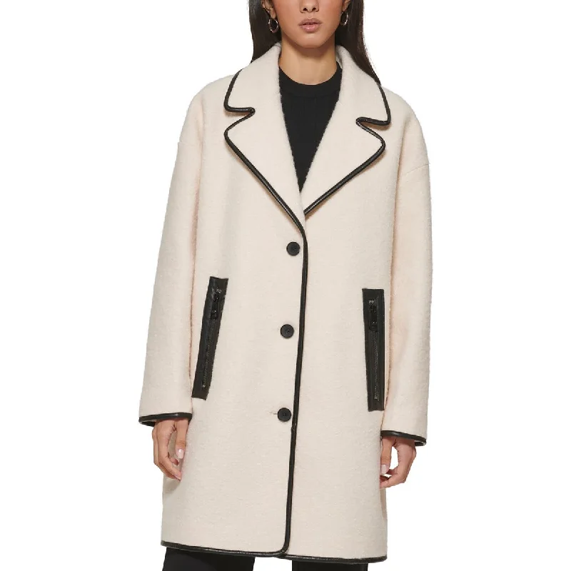 luxury designer winter coat for women -DKNY Womens Nubby Knit Faux Leather Trim Teddy Coat