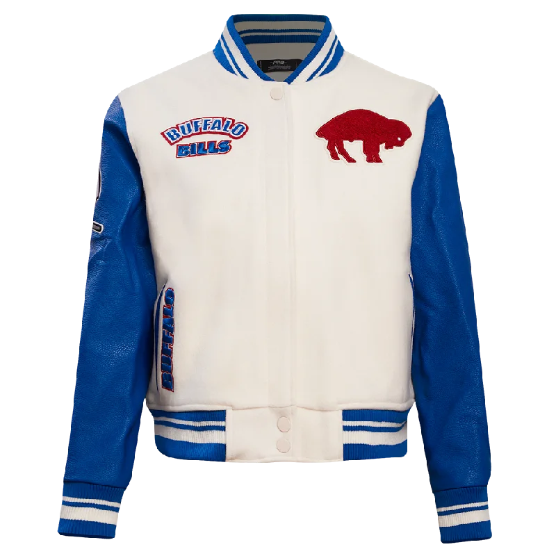 military-style coat for women -NFL BUFFALO BILLS RETRO CLASSIC WOMEN'S RIB WOOL VARSITY JACKET (EGGSHELL/ ROYAL BLUE)