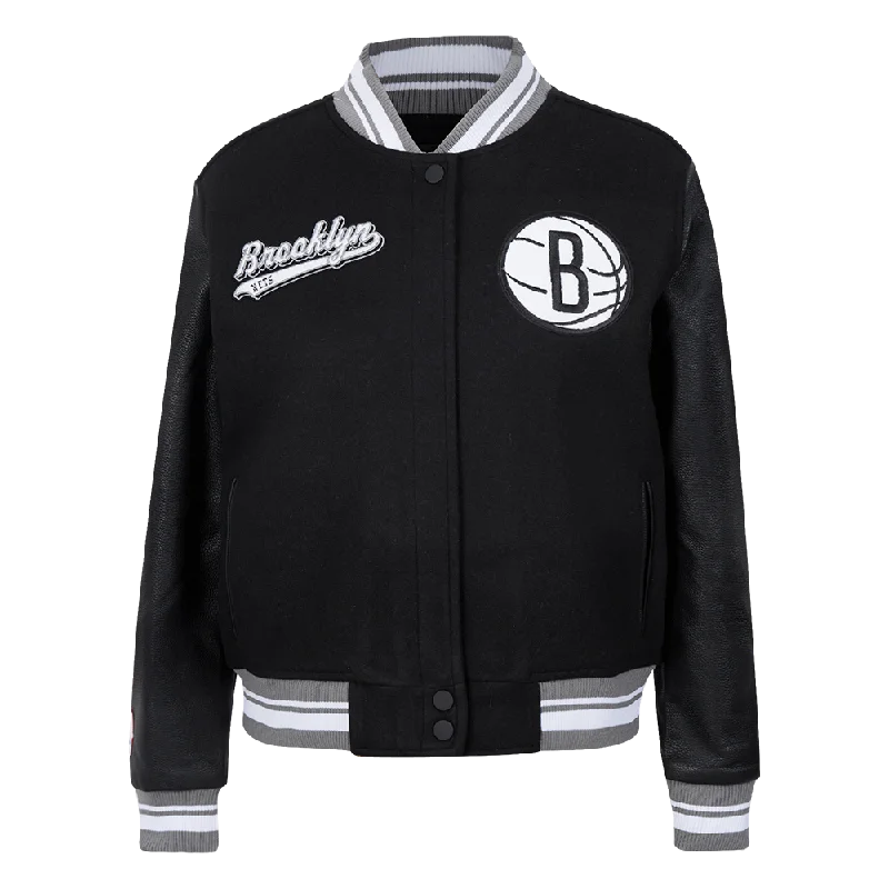 ladies' fleece zip-up jacket -NBA BROOKLYN NETS SCRIPT TAIL WOMEN'S WOOL VARSITY JACKET (BLACK/GRAY)