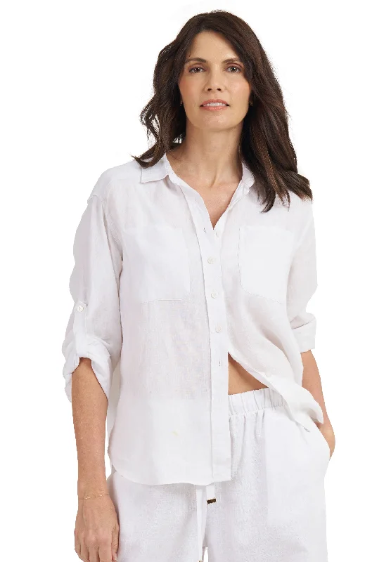 women's crew neck short sleeve blouse -Luna White Oversized Linen Shirt with Pockets