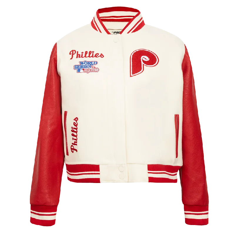 women's sherpa-lined jacket -MLB PHILADELPHIA PHILLIES RETRO CLASSIC WOMEN'S RIB WOOL VARSITY JACKET (EGGSHELL/ RED)