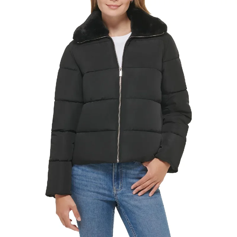 stylish fleece-lined coat for women -Calvin Klein Womens Faux Fur Short Puffer Jacket