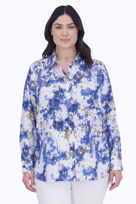 trendy split hem short sleeve tops for ladies -Meghan Plus No Iron Abstract Floral Shirt