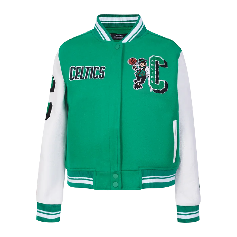 women's faux fur coat -NBA BOSTON CELTICS MASHUP WOMEN'S RIB WOOL VARSITY JACKET (KELLY GREEN/ WHITE)