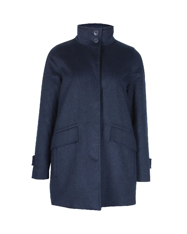 zip-up casual anorak jacket for women -Loro Piana Funnel-Neck Over Coat in Blue Cashmere