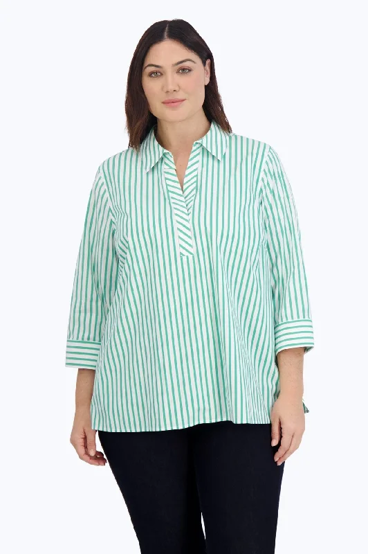 ladies short sleeve blouse -Sophia Plus Stretch No Iron Stripe Popover Shirt