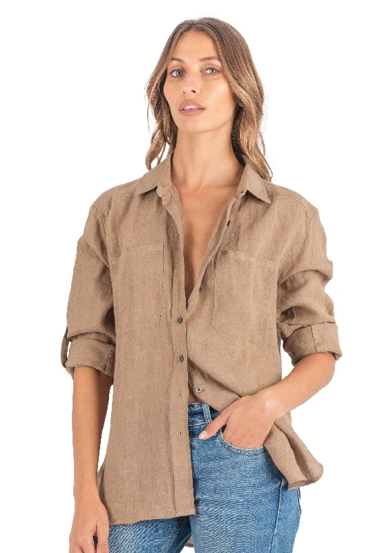 women's boyfriend style short sleeve tee -Luna Hazelnut Oversized Linen Shirt with Pockets