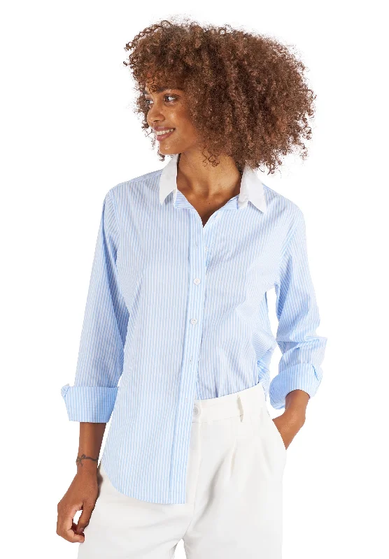 women's loose casual short sleeve tunic -Riga Sky and White Stripes Classic Fit Poplin Cotton Shirt