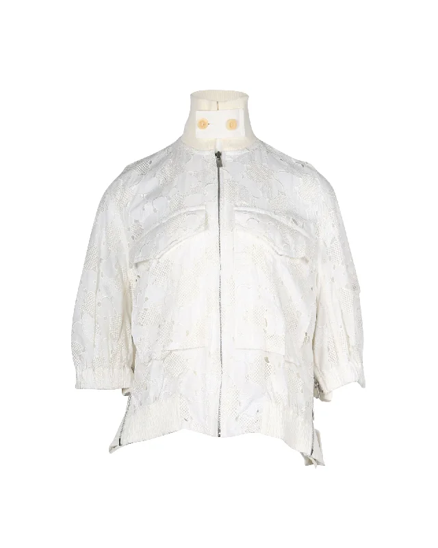 classic trench raincoat for women -Sacai Bomber Jacket in White Cotton Lace