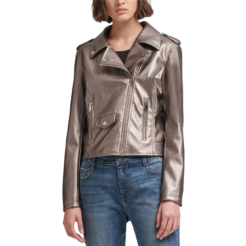 ladies' lightweight anorak coat -Dkny Womens Metallic Motorcycle Jacket