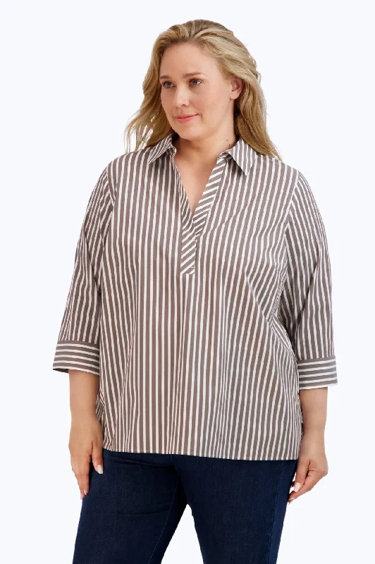 striped casual short sleeve shirts for women -Sophia Plus Stretch No Iron Stripe Popover Shirt, Brown/White Stripe