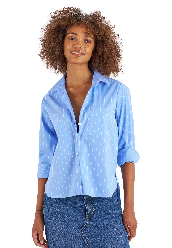 stylish knotted short sleeve tops for women -Rita Sky Blue Stripes Boxy Fit Cotton Shirt