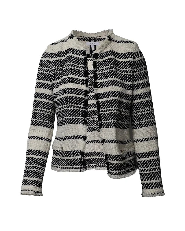 sporty track jacket for women -IRO Zlata Striped Tweed Jacket in Black and White Cotton