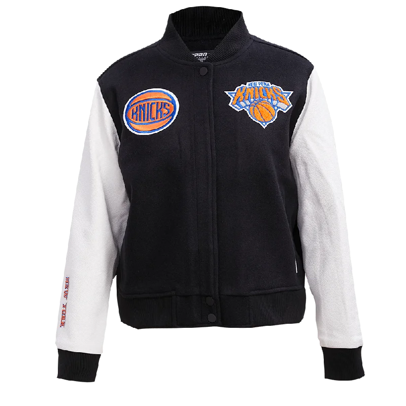 cozy teddy coat for ladies -NBA NEW YORK KNICKS CLASSIC WOOL WOMEN'S VARSITY JACKET (BLACK/WHITE)