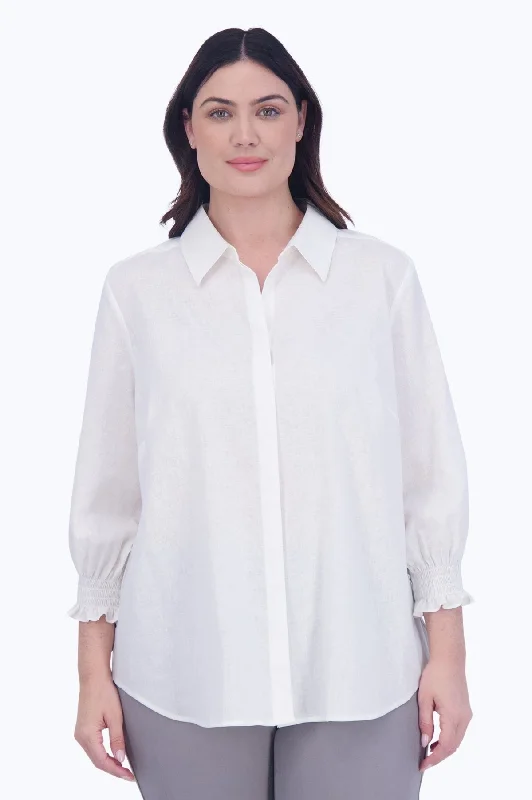 trendy tie-front short sleeve tops for women -Olivia Plus Easy Care Solid Linen Shirt