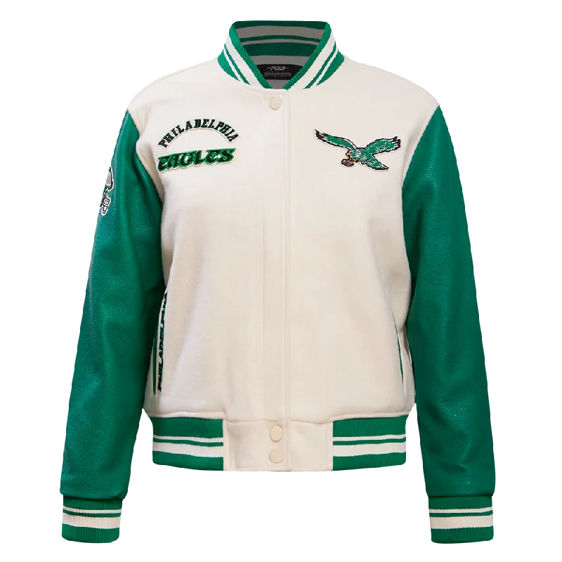 women's belted trench coat -NFL PHILADELPHIA EAGLES RETRO CLASSIC WOMEN'S RIB WOOL VARSITY JACKET (EGGSHELL/ KELLY GREEN)