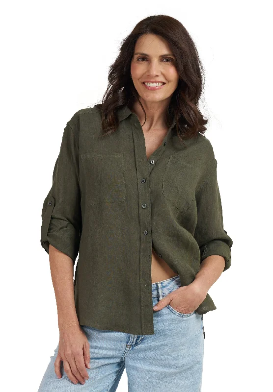 soft fabric short sleeve tops for women -Luna Olive Green Oversized Linen Shirt with Pockets