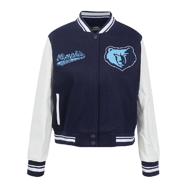 ladies' fur-lined jacket -NBA MEMPHIS GRIZZLIES SCRIPT TAIL WOMEN'S WOOL VARSITY JACKET (MIDNIGHT NAVY/WHITE)