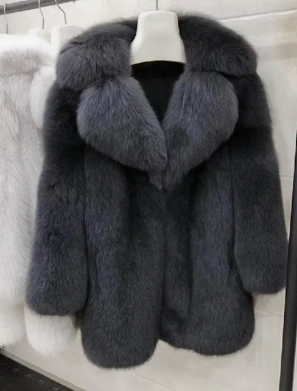 ladies' waterfall drape coat -Lux Thick Fox Fur Coat