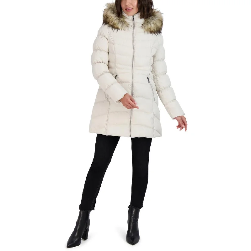 winter-ready faux shearling jacket for women -Laundry by Shelli Segal Womens Faux Fur Trim Hooded Puffer Jacket