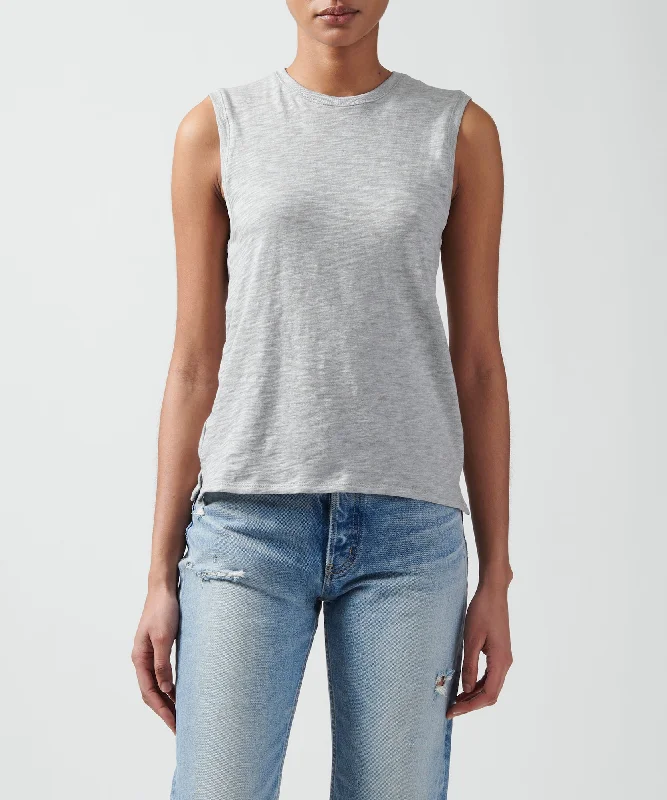 trendy split hem short sleeve tops for ladies -Slub Jersey Sleeveless Schoolboy Tee - Heather Grey