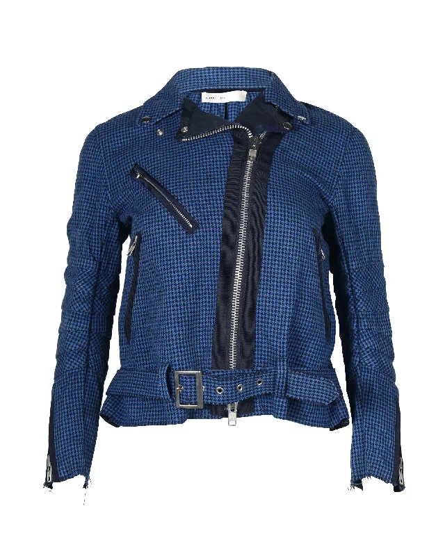 warm alpaca wool coat for ladies -Sacai Luck Houndstooth Biker Jacket in Royal Blue Cotton