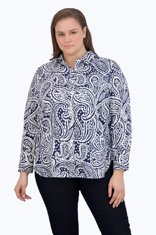 elegant pearl detail short sleeve blouse -Meghan Plus No Iron No Iron Navy Paisley Shirt