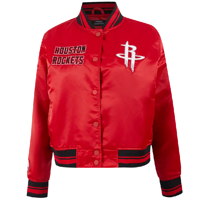 casual zip-up hoodie jacket for women -NBA HOUSTON ROCKETS RETRO CLASSIC WOMEN'S RIB SATIN JACKET (RED/BLACK)