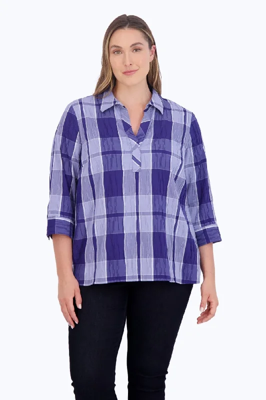 seamless compression short sleeve t-shirts for women -Sophia Plus Denim Plaid Crinkle Popover