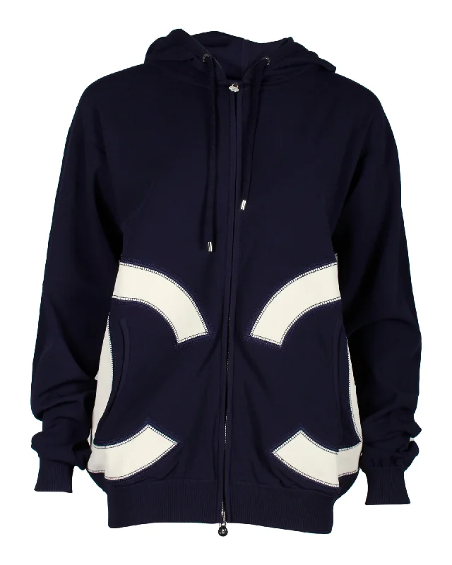 women's oversized corduroy jacket -Chanel Zip Hooded CC Sweatshirt in Navy Blue Cotton