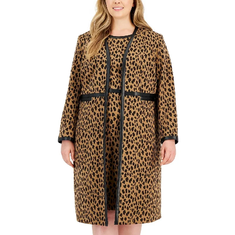 ladies' fleece zip-up jacket -Kasper Womens Plus Animal Print Long Long Coat