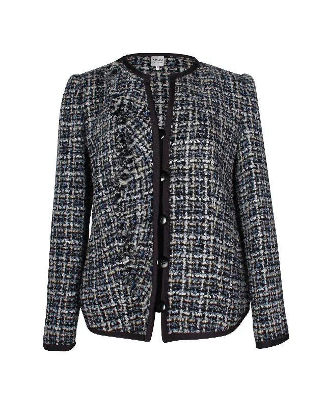 fashionable belted wool coat for women -Armani Collezioni Tweed Jacket in Blue Wool