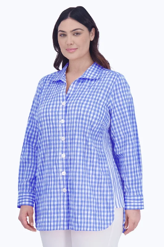 women's floral short sleeve blouse -Pandora Plus Crinkle Gingham Combo Tunic