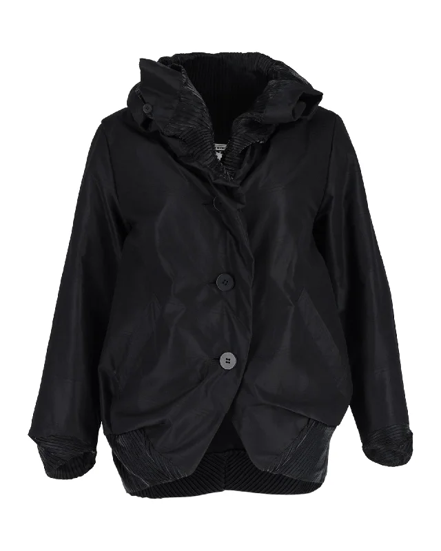 waterproof windproof raincoat for women -Issey Miyake Fete Pleated Collar Jacket in Black Silk