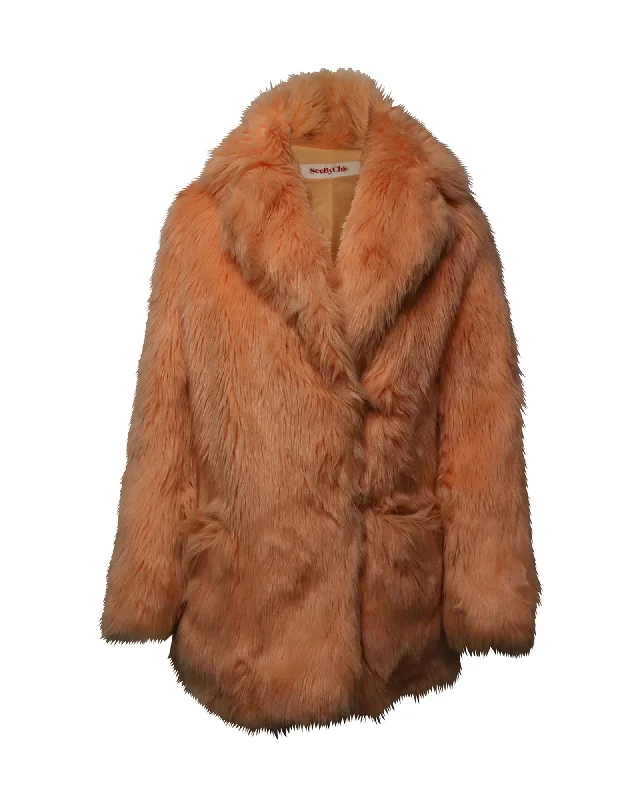 lightweight packable jacket for women -See by Chloe Faux-Fur Coat in Pink Peach Modal