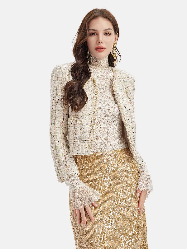 classic camel coat for ladies -French Gold Tweed Beaded Jacket