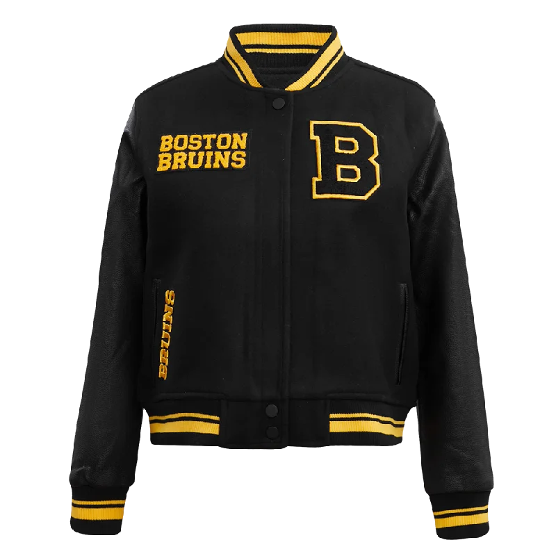 stylish women's blazer -NHL BOSTON BRUINS RETRO CLASSIC WOMEN'S RIB WOOL VARSITY JACKET (BLACK/YELLOW)