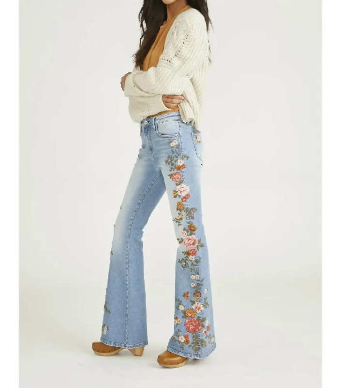 vintage-inspired wide jeans for ladies -Farrah X Blush Plantation In Blue / Pink Embroidery