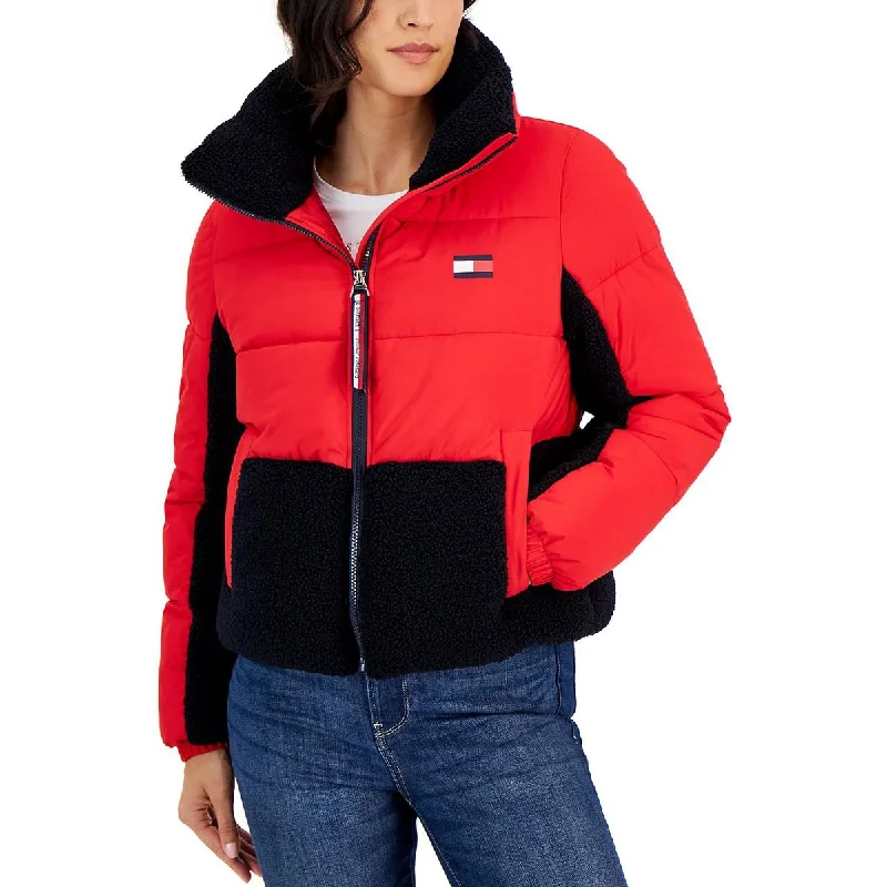 cropped wool blazer for women -Tommy Hilfiger Womens Faux Fur Trim Colorblock Puffer Jacket