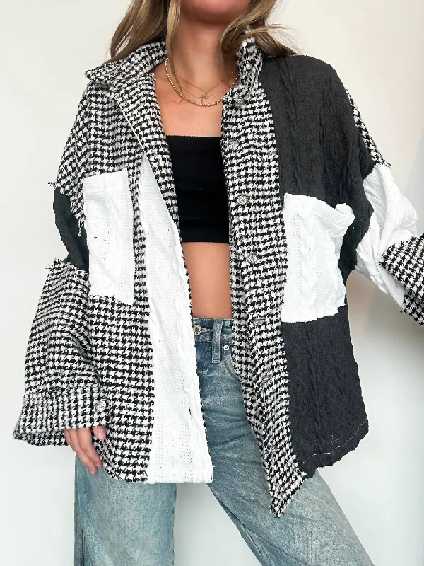 women's belted trench coat -Houndstooth Patchwork Shacket In Black/white