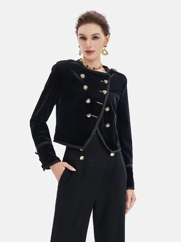 versatile trench coat for ladies -Retro Velvet Double-Breasted Asymmetrical Short Jacket