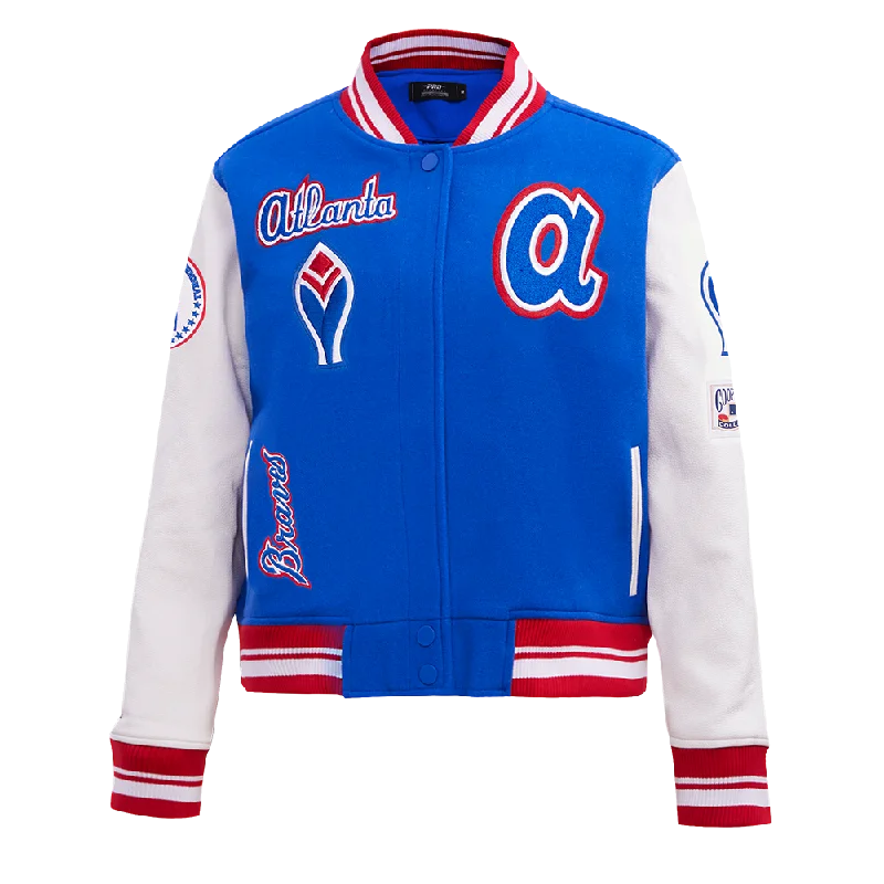 women's classic pea coat -MLB ATLANTA BRAVES RETRO CLASSIC WOMEN'S RIB WOOL VARSITY JACKET (ROYAL BLUE/RED)