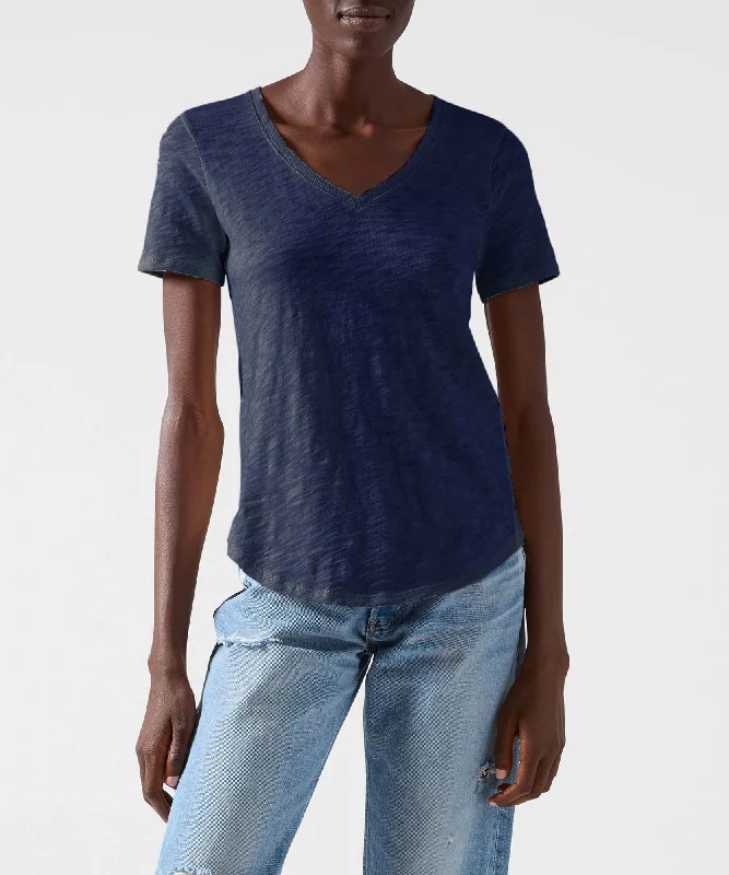 affordable short sleeve tops for women -Slub Jersey Classic V-Neck Tee - Midnight