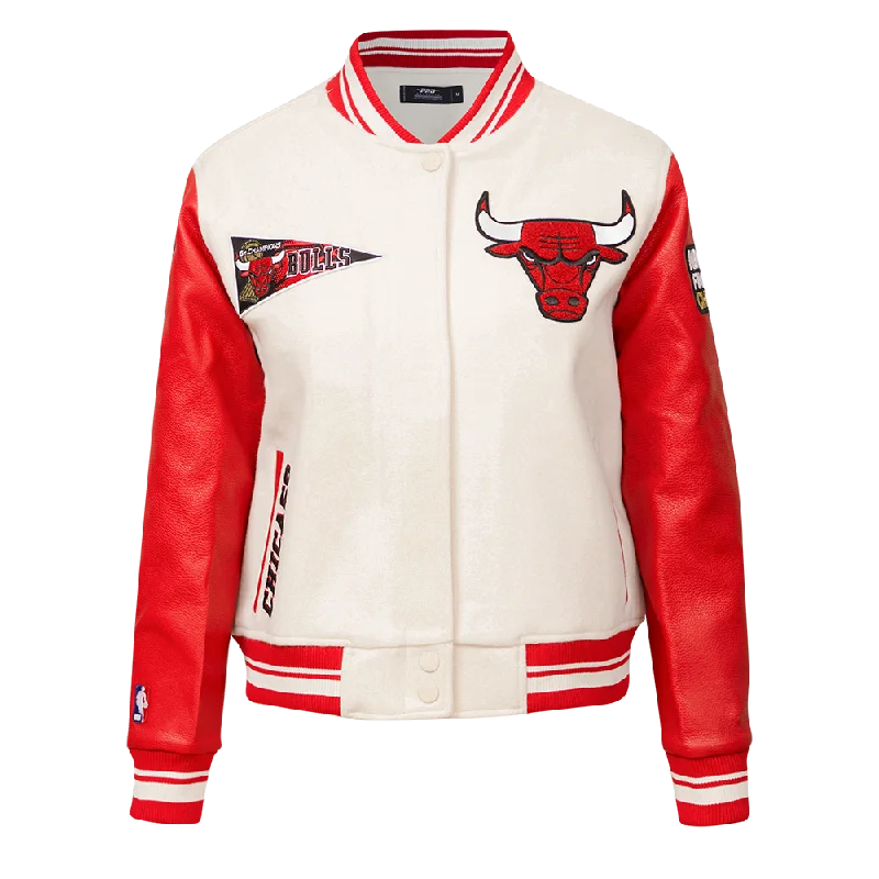 cozy oversized wrap coat for women -NBA CHICAGO BULLS RETRO CLASSIC WOMEN'S RIB WOOL VARSITY JACKET (EGGSHELL/ RED)