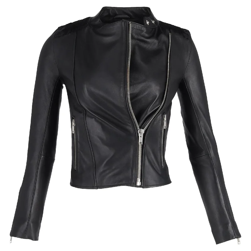 ladies' long hooded winter coat -Maje Biker Jacket in Black Lambskin Leather